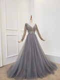 A Line Long Sleeves V Neck Gray Tulle Prom Dress with Beading Evening Dress P1430