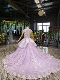 Ball Gown Lace Appliques Cap Sleeves Long Prom Dress Quinceanera Dress P1524