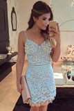 Light Blue spaghetti Straps Lace V-Neck Beading Short Hoemcoming Dresses