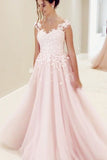 A Line Pink Organza Lace Appliques Long Prom Dresses