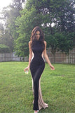 Sexy Black Slim Round Neck Long Dresses Evening Dresses