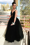 Charming A Line Black Spaghetti Straps Tulle V Neck Prom Dresses, Long Evening Dresses P1416