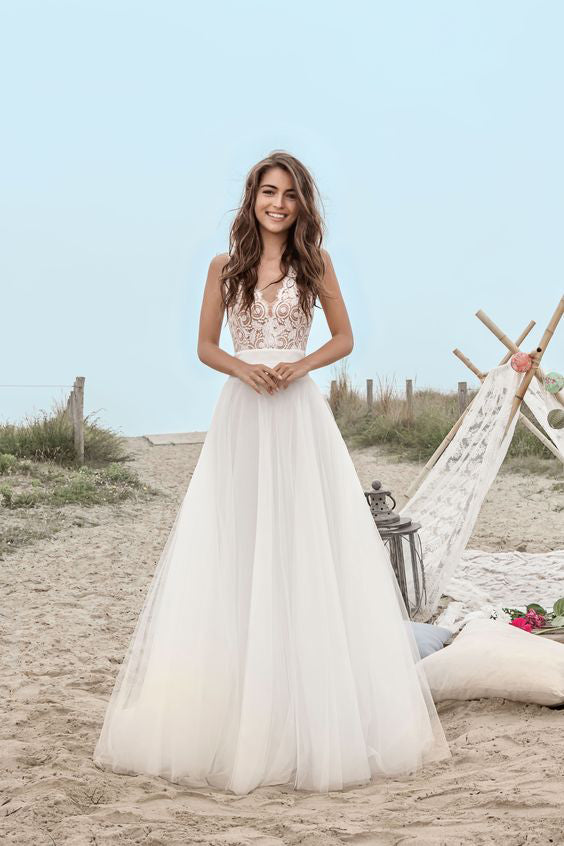 A-Line V-Neck Boho Sleeveless Tulle Lace Floor-Length Open Back Beach Wedding Dress PM577