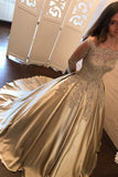 Satin Ball Gown Gold Long Sleeves Scoop Lace Appliques Beads Floor Length Prom Dresses uk PM771