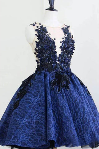 Royal Blue Lace Appliques Short Prom Dresses Vintage Above Knee Homecoming Dress PW953