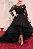 A Line Bateau Long Sleeves Lace Asymmetrical Satin Black Plus Size Prom Dresses uk PW195