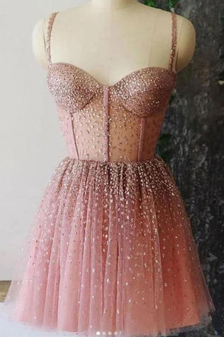 A Line Spaghetti Straps Sweetheart Tulle Beads Homecoming Dresses Short Prom Dresses SX66509