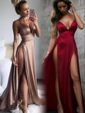 Sexy Spaghetti Straps Deep V-Neck High Slit Long Prom Dresses