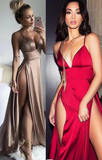 Sexy Spaghetti Straps Deep V-Neck High Slit Long Prom Dresses