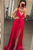 Sexy V-Neck Chiffon Long Red Prom Dresses with Split Slit P1054