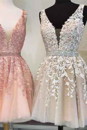 Short V Neck Beaded Ivory Tulle Prom Dresses, Homecoming Dresses Lace Embroidery PW754