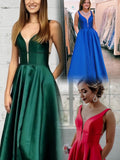 Simple A Line Sleeveless Satin V-Neck Long Prom Dress with Pockets PD12