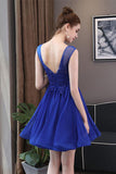 Blue Tulle Backless Homecoming Dresses with Lace Graduation Dresses PW822