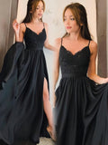 Spaghetti Straps V-Neck Lace Black Side Slit Prom Dresses PW737