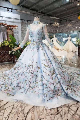 Stunning Light Blue Long Sleeve Wedding Dresses, High Neck Quinceanera Dresses PW772