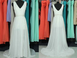 Custom Made A Line V Neck Backless Lace Chiffon Beach Wedding Dress
