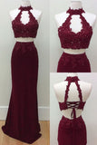 Mermaid Two Piece Burgundy Modest Long Halter Open Back Beads Prom Dresses uk PH186