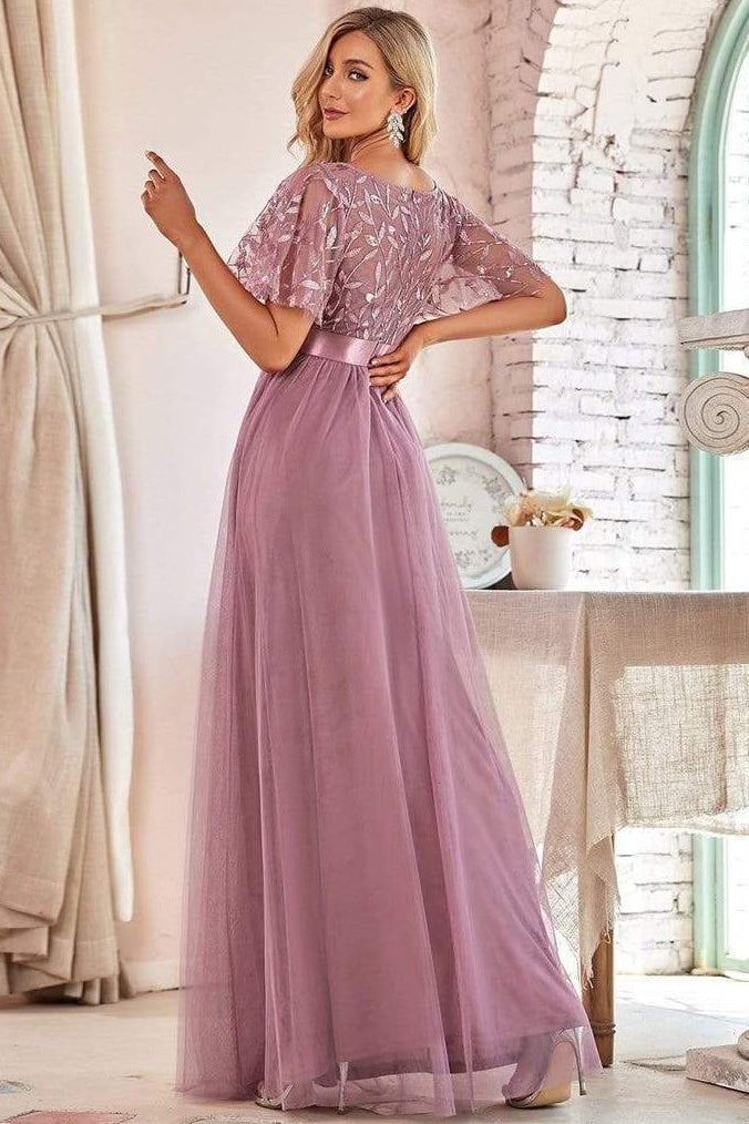 Flutter Sleeve Embroidery Floor Length Tulle Formal Prom Dresses