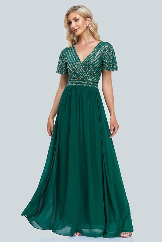 A Line V-neck Sparkly Short Sleeve Tulle Floor-length Prom Dresses