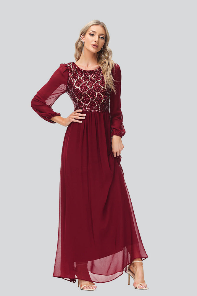 Sequins Party Dress Chiffon Long Sleeve Prom Dresses