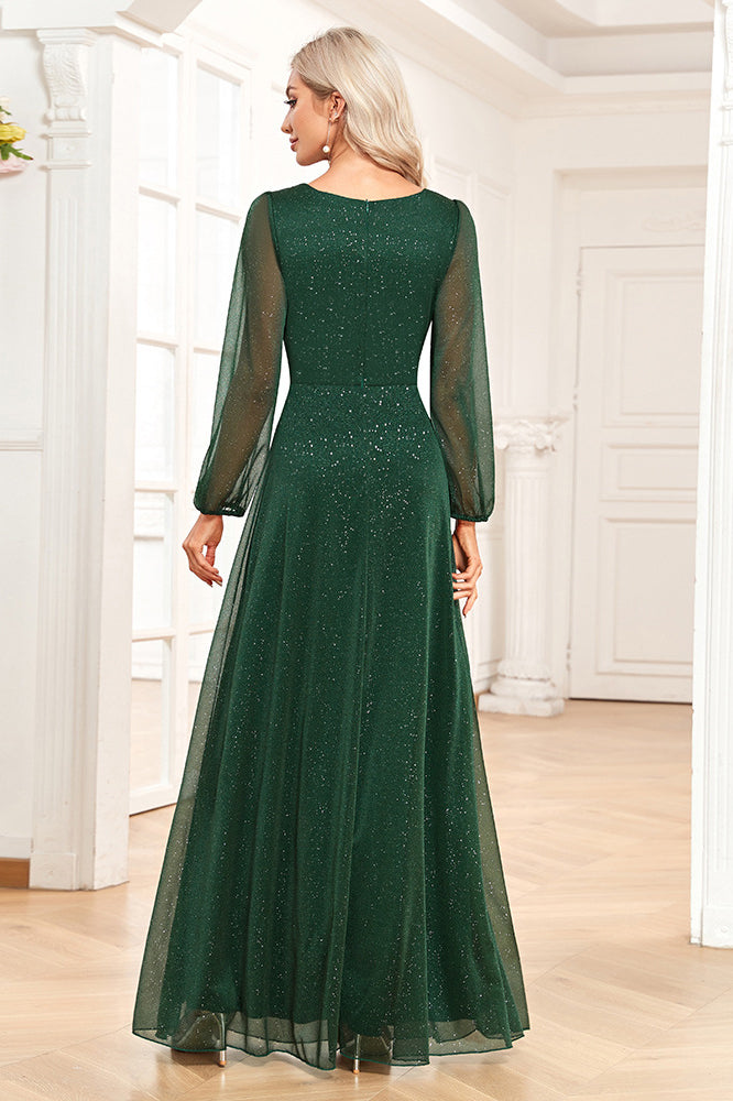 Long Sleeve V-neck Sparkly Emerald Long Prom Dresses