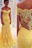 Elegant Sheath Yellow Lace Off Shoulder Long Prom Dresses PM662