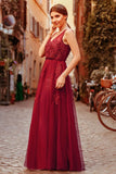 Elegant V-Neck Burgundy Beads Appliques Lace Evening Dresses Long Prom Dresses P1197