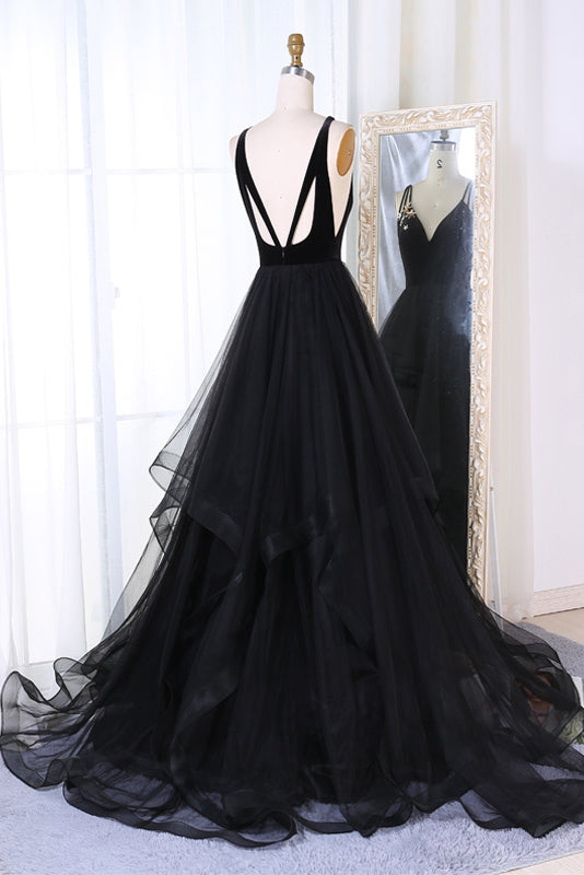 New Arrival A Line V-Neck Black Velvet Up Tulle Backless Sleeveless Long Prom Dress PH333