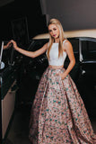 A Line Two Piece Floral Print Beautiful Prom Dresses with Pockets, Evening Dresses PW322