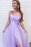 Gorgeous A Line Spaghetti Straps Light Blue Tulle Prom Dress with Appliques PD02