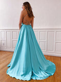 A Line V-Neck Blue Satin Long Prom Dresses With High Slit