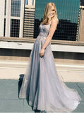 A-line Spaghetti Straps Grey Tulle Prom Dress