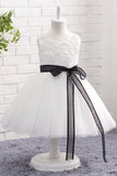 A Line Sleeveless Round Neck Appliques Tulle Flower Girl Dress With Belt WH12808