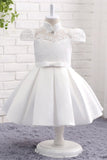 A Line High Neck Cap Sleeve Appliques Satin Flower Girl Dress With Belt WH12813