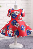 A Line Round Neck Half Sleeve Floral Satin Flower Girl Dress WH13820