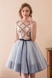 Cute Embroidery Flowers Tulle Knee Length Homecoming Dress With Belt WH14619