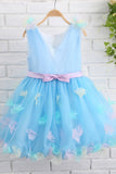 A Line V-Neck Sleeveless Appliques Bowknot Tulle Flower Girl Dress WH15803