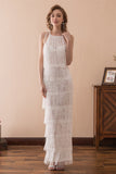 Unique Ivory Tassels Sleeveless Floor length Prom Dress WH20610