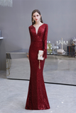 Mermaid V-Neck Long Sleeves Tassels Sequins Floor Length Prom Dress WH24441