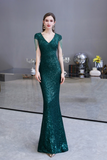 Mermaid V-Neck Cap Sleeves Sequins Floor Length Prom Dress WH24451