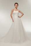 Elegant A Line Strapless Feathers Ivory Tulle Court Train Wedding Dress WH24631