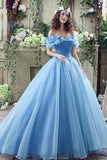 Gorgeous Ball Gown Off The Shoulder Appliques Tulle Court Train Prom Dress WH26240