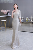 Mermaid High Neck Half Sleeve See-Through Sequins Floor Length Prom Dress WH26454