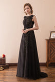 A Line Sleeveless Black Lace Sweep Train Prom Dress WH26616