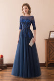 A Line Half Sleeve Beading Navy Blue Tulle Prom Dress Sequins Party Dress WH26617