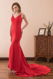 Gorgeous Mermaid V-Neck Spaghetti Straps Red Satin Prom Dress WH26620