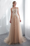 A Line Sleeveless Appliques Lace Court Train Prom Dress WH26661