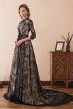 Vintage A Line High Neck 3/4 sleeves Black Lace Court Train Prom Dress Party Dress WH28605