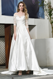 A Line 3/4 Sleeve Appliques Satin Court Train Wedding Dresses WH32387