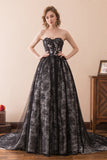 Unique A Line Strapless Black Lace Court Train Prom Dress WH32618